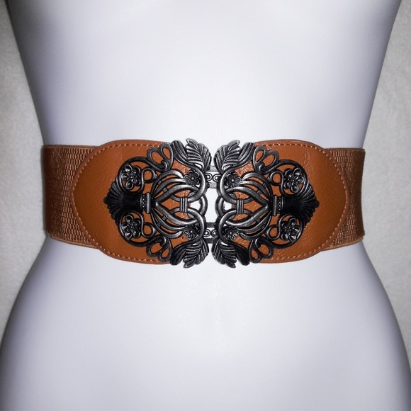 Accessories - Antiqued Silver Coffee Brown Elastic Waist Belt